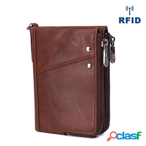 RFID Homens Couro Genuíno 10 Card Slot Wallet Zíper Duplo