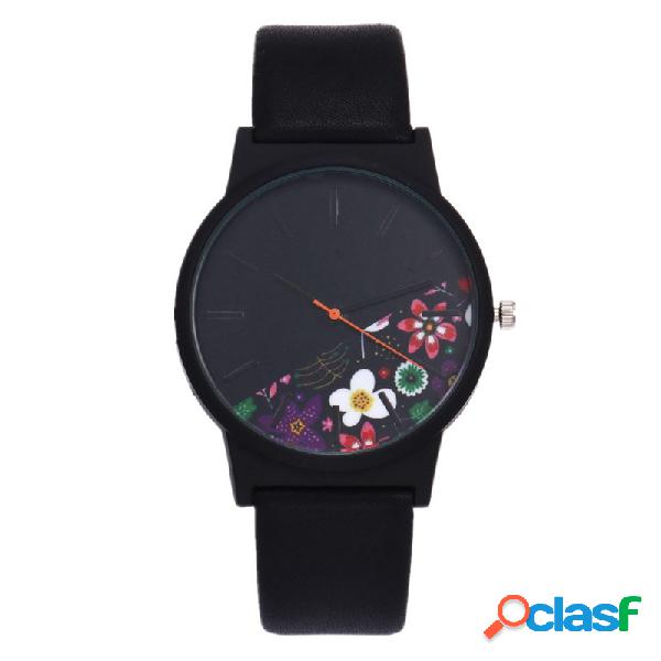 Relógio Casual de Quartzo Modelo Floral Pulseira de Couro