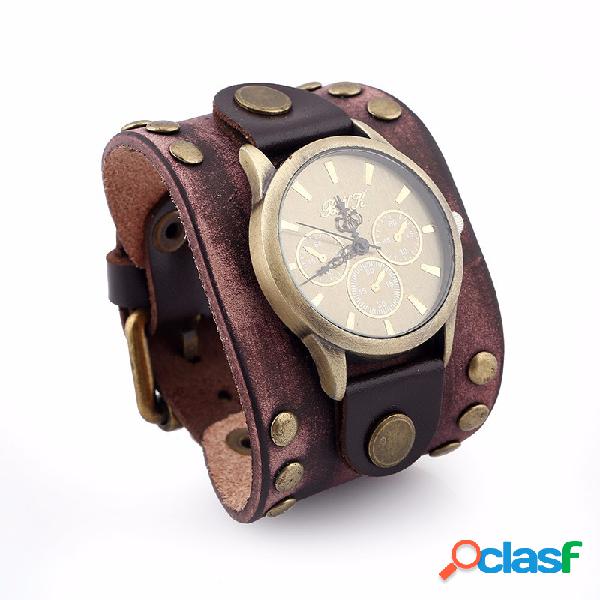 Relógio Retro Vintage Masculino Pulseira Punk de Couro