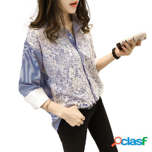 Rendas listradas costura solta camisa de manga longa