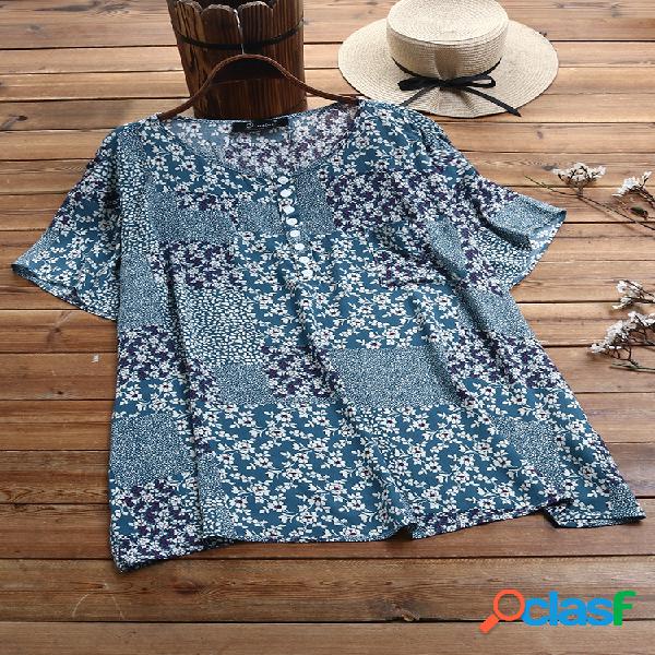 Retalhos com estampa floral Plus Tamanho T-shirt