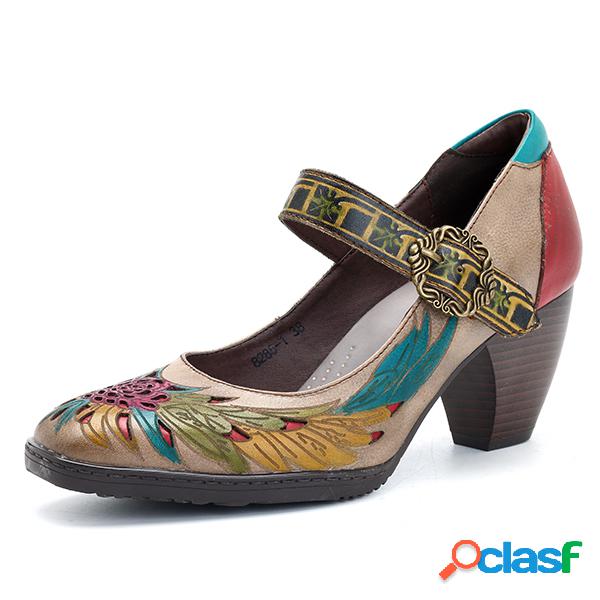 SOCOFY Pumps de Couro ao Tornozelo Estampados Salto Médio