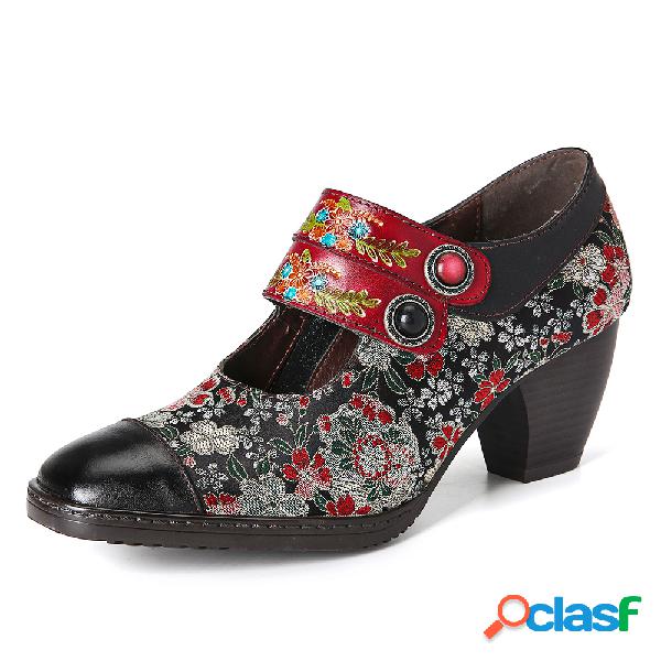 SOCOFY Retro Flor Impressão Bead Buckle Strap Couro