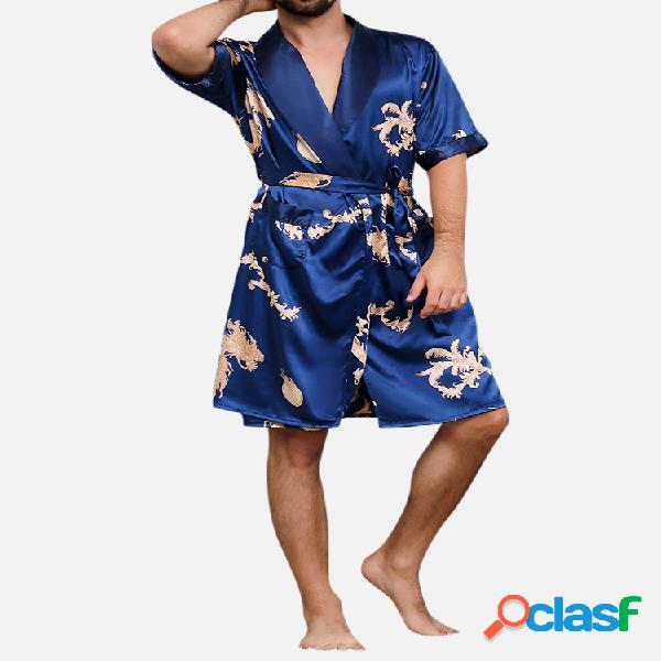 Soft Pijamas de roupão de impressão de seda ajustados