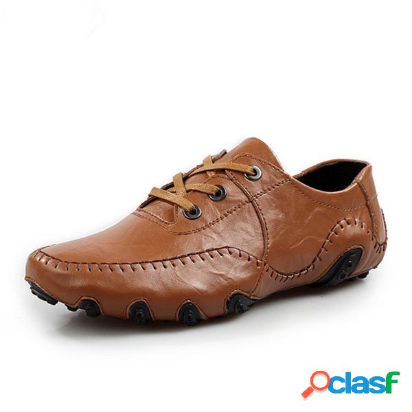 Stitching Driving Flat Lace Up Weave Couro Soft Oxford Shoes