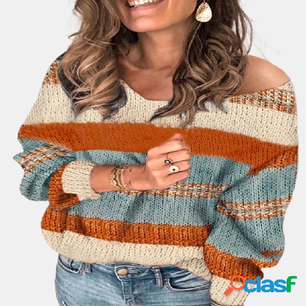 Stripe Contrast Color Sweater manga comprida com decote em v