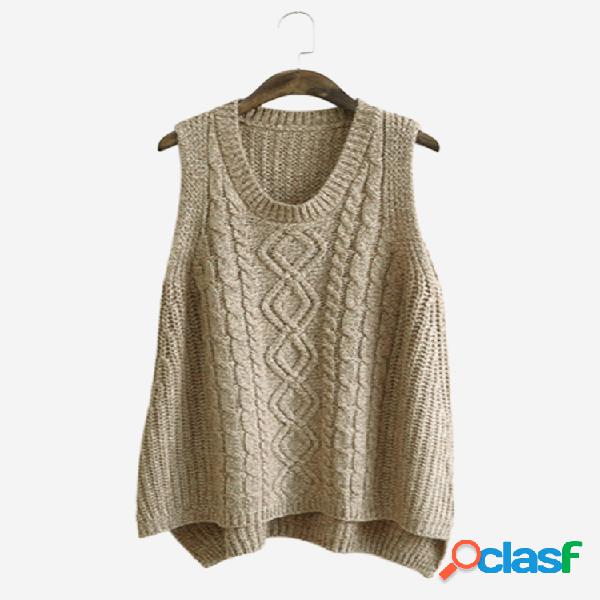 Suéter Feminino de Colete Cor Pura Bainha Irregular Gola em