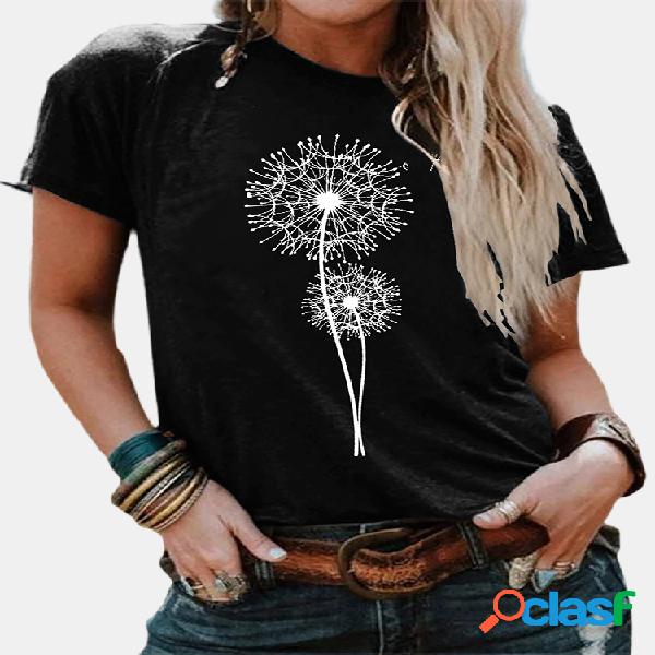 T-shirt causal impresso em torno do pescoço de manga curta