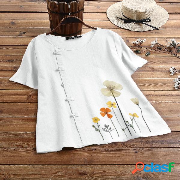 T-shirt de manga curta de botão de flor de sapo para