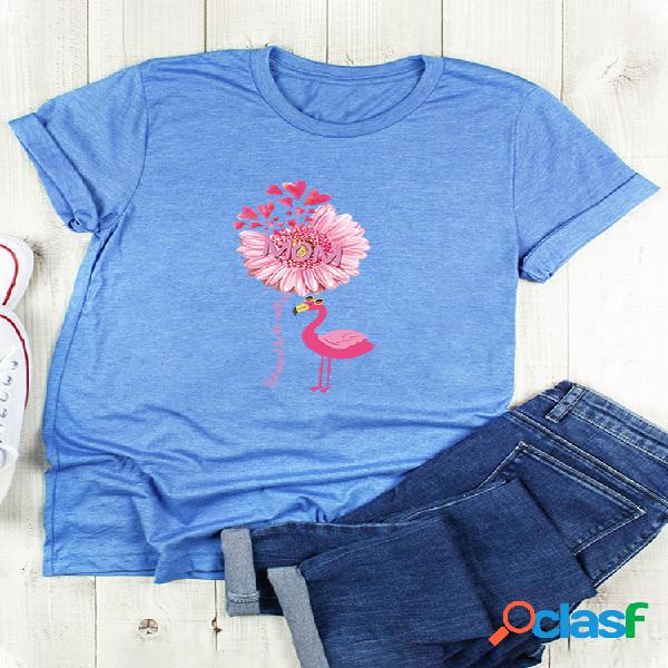 T-shirt do impressão da flor de flamingo de manga curta