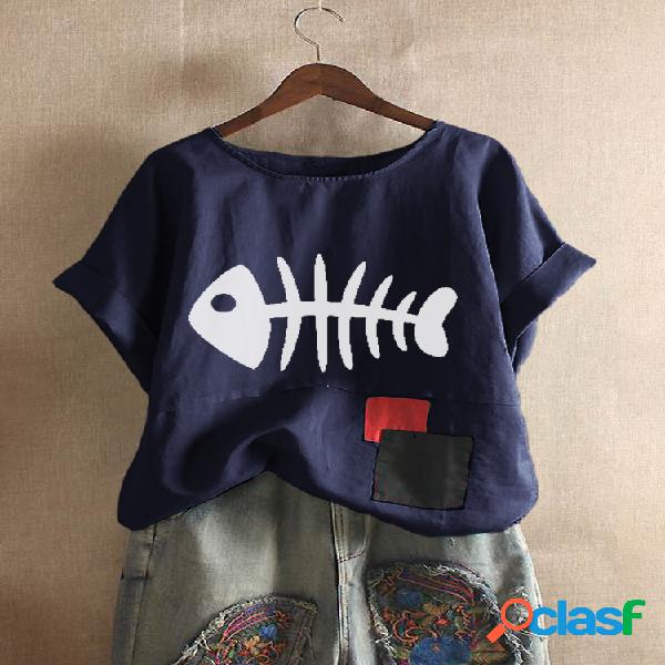 T-shirt impresso do pescoço dos peixes dos desenhos