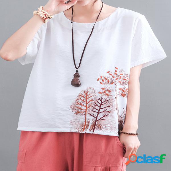 T-shirt solto de manga curta bordado floral para mulheres