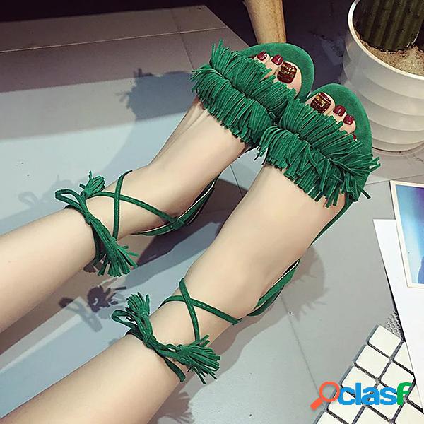 Tassel Lace Up Strappy Peep Toe Roman Sandálias Plano