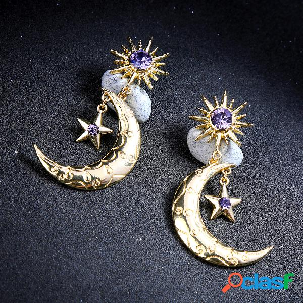 Trendy Sun Moon Estrela Brincos Grande Gota De Strass Roxo