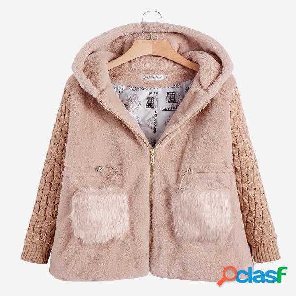 Tricô Patchwork Manga Longa Outono Inverno Casual Capuz