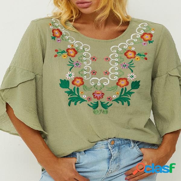 Trompete bordado babados manga O-pescoço blusa