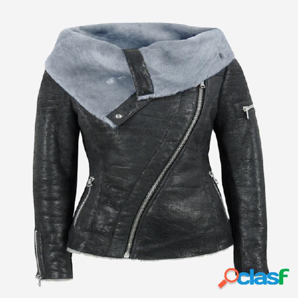 Velo de couro falso Turn Down Collar Coat
