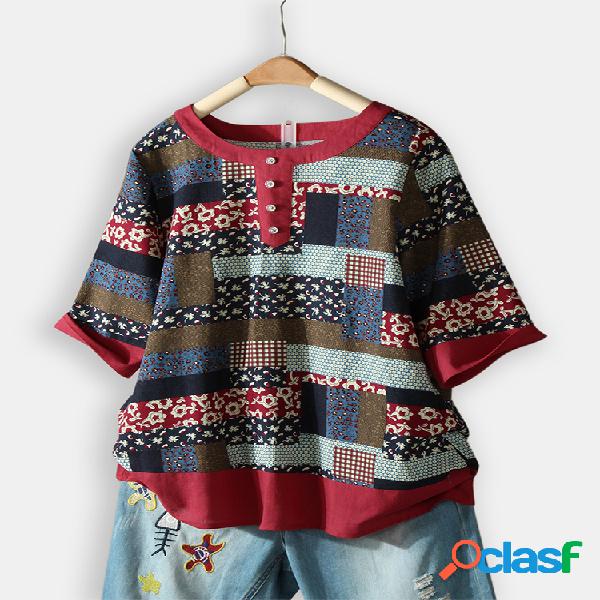Vintage Floral Print Patchwork Meia Manga Botão O-pescoço