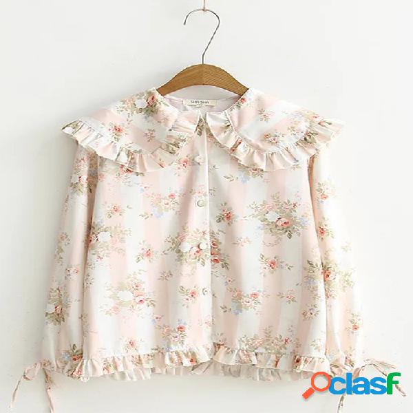 Vintage Floral Print Plissado Bandage Lapel Blusas Para