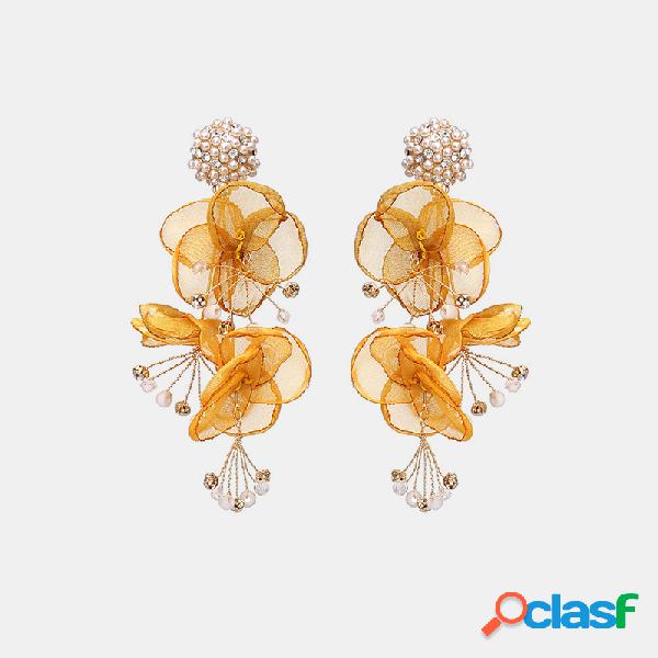 Vintage Handmade Tecido Flor Brincos Geométrica Strass