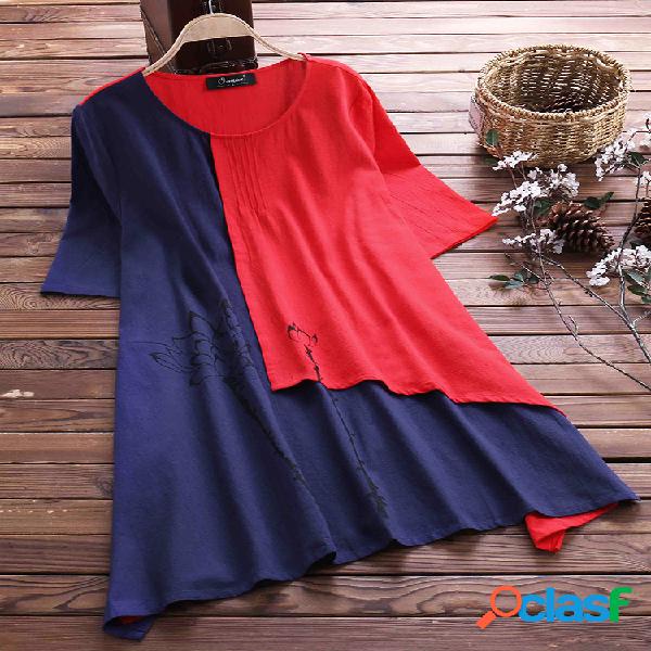 Vintage Patchwork Impresso T-Shirts para Mulheres