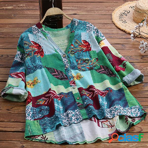 Vintage Print Patchwork Decote em V Plus Tamanho Camisa