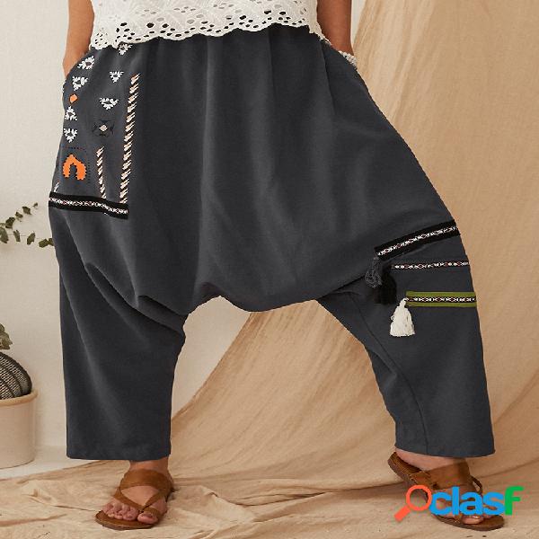 Vintage Print Tassel Loose Pant com bolso para mulheres