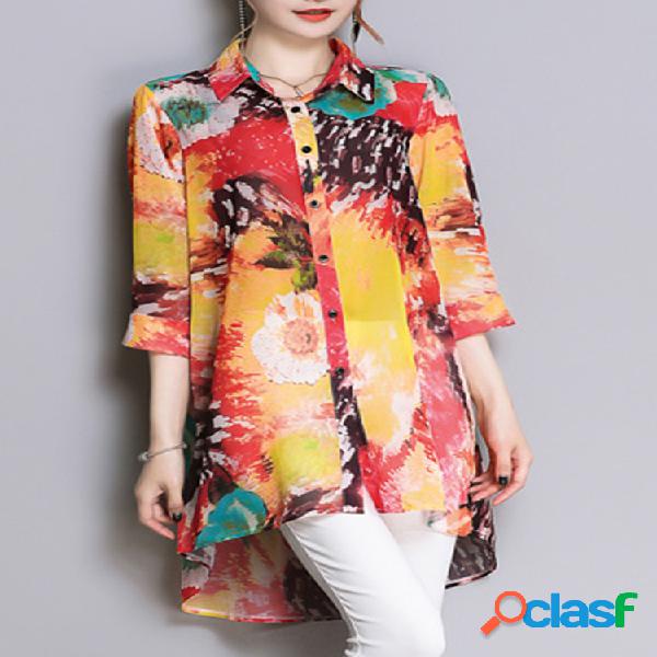 Vintage colorido impresso lapela alta baixa camisa Chiffon