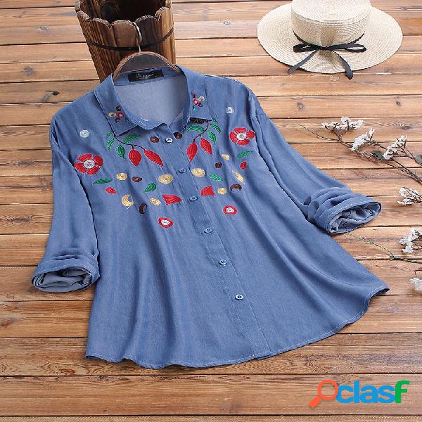Vintage flores bordadas lapela jeans Plus tamanho Camisa