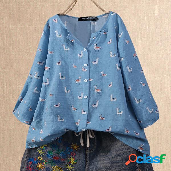 3/4 manga dos desenhos animados impressão blusa casual para
