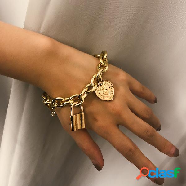Bloqueio na moda grande cadeia pulseira colar de metal ouro
