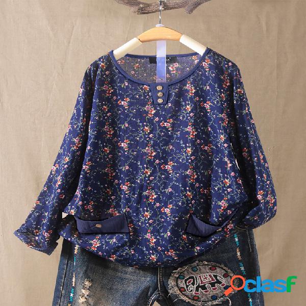 Blusa de manga comprida com estampa floral Plus e bolsos
