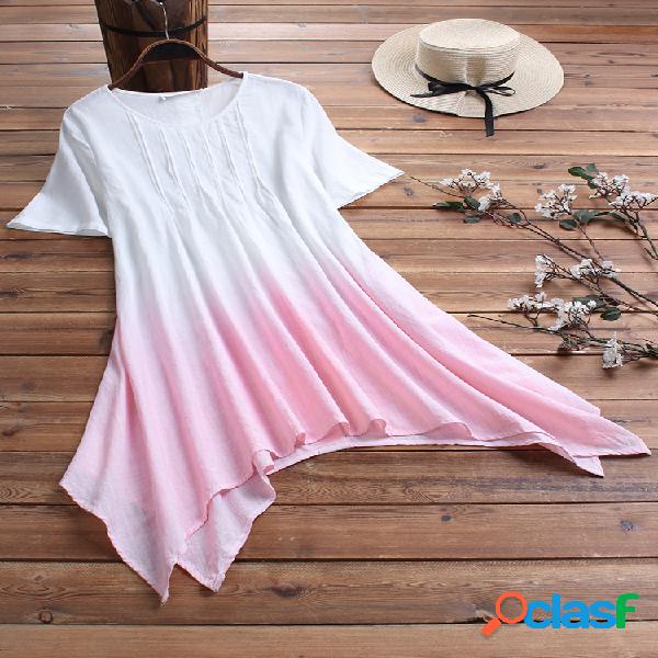 Blusa de manga curta de botão irregular de pregas gradiente