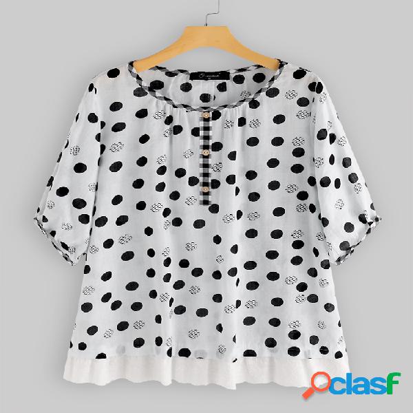 Blusa de mangas curtas de retalhos com estampa de bolinhas