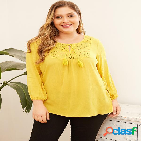 Blusa de tamanho oco de gola Plus de cor sólida
