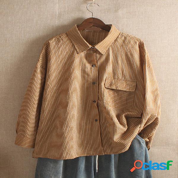 Blusa xadrez de manga comprida de bolso de botão vintage
