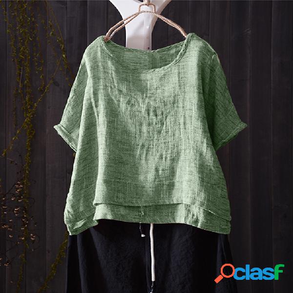 Blusas de meia manga O Neck Vintage Pure Color