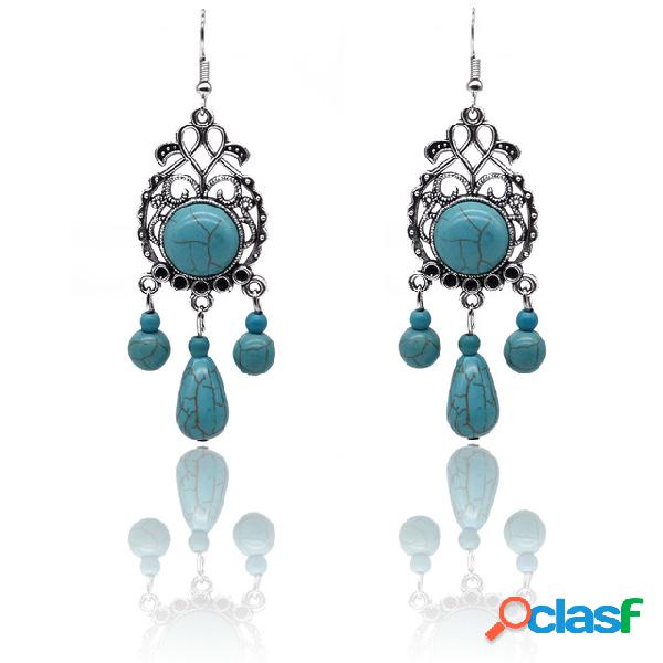 Bohemian Esculpido Turquesa Openwork Tassel Brincos Vintage