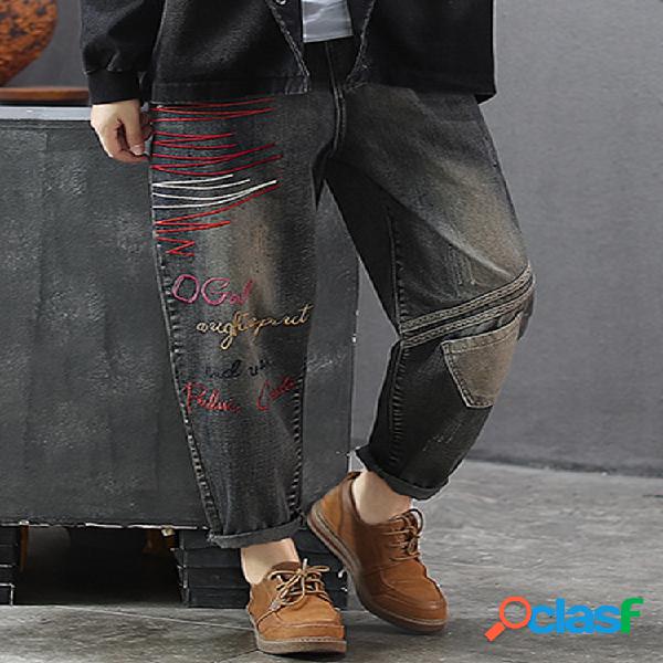 Bolsos bordados casuais cintura elástica Denim