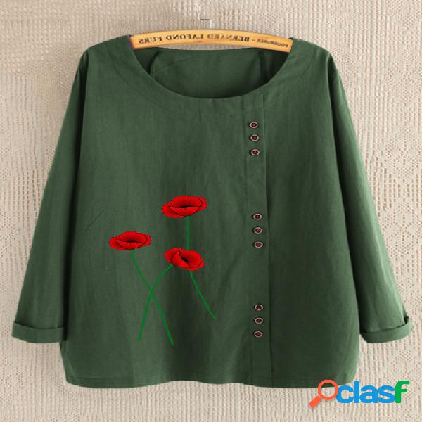 Botão Flores Imprimir Manga comprida Plus Blusa Tamanho
