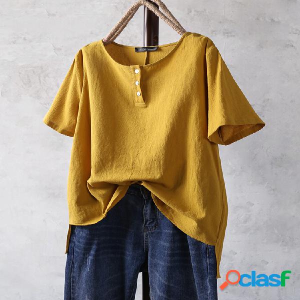 Botão Vintage gola manga curta Plus tamanho Blusa