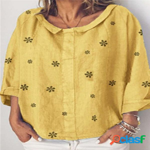 Botão de lapela de impressão de flores Plus tamanho Blusa