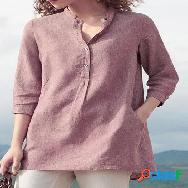Botão gola v Manga comprida Casual Plus Tamanho Camisa