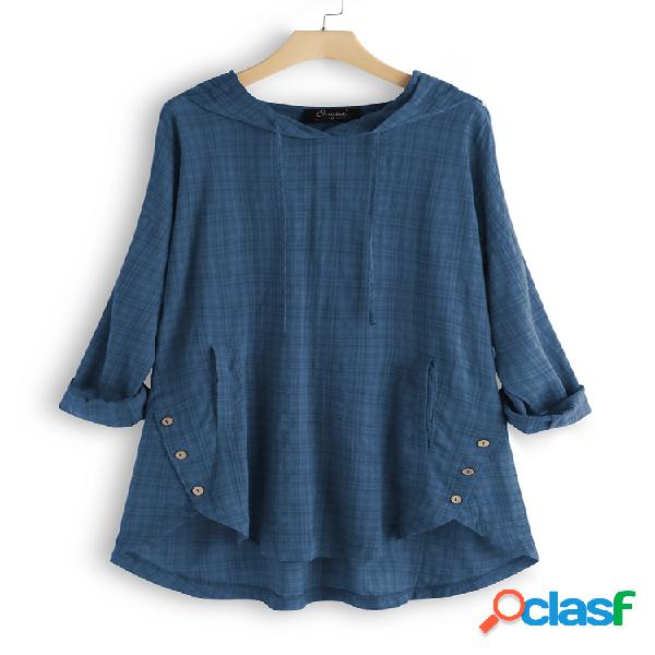 Botão xadrez vintage com capuz Irregular Plus blusa de