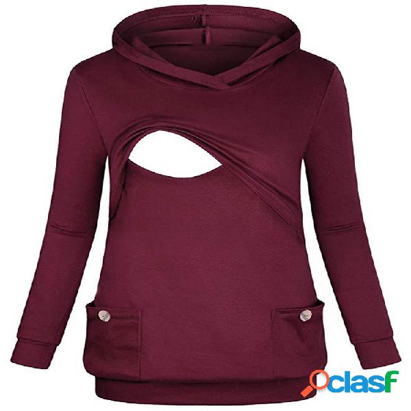 Casuais com capuz maternidade bolsos de manga longa tops de