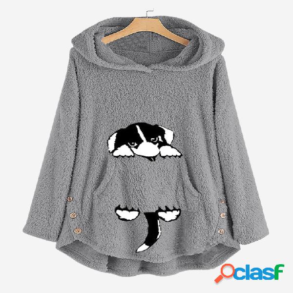Casual Cachorro Bolsos de impressão Hoodies de lã de manga