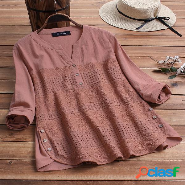 Casual Patchwork Button Hem Manga comprida Plus Blusa de