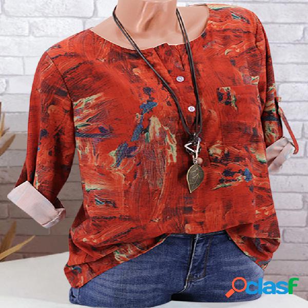 Casual Print Crew Neck Button Camisa de manga comprida