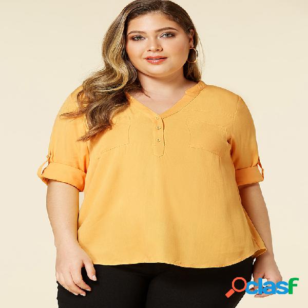 Casual Solid Color Decote em V Manga comprida Plus Blusa de