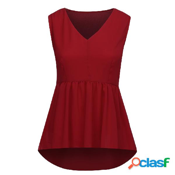 Casual com decote em V das mulheres Camisa cor sólida
